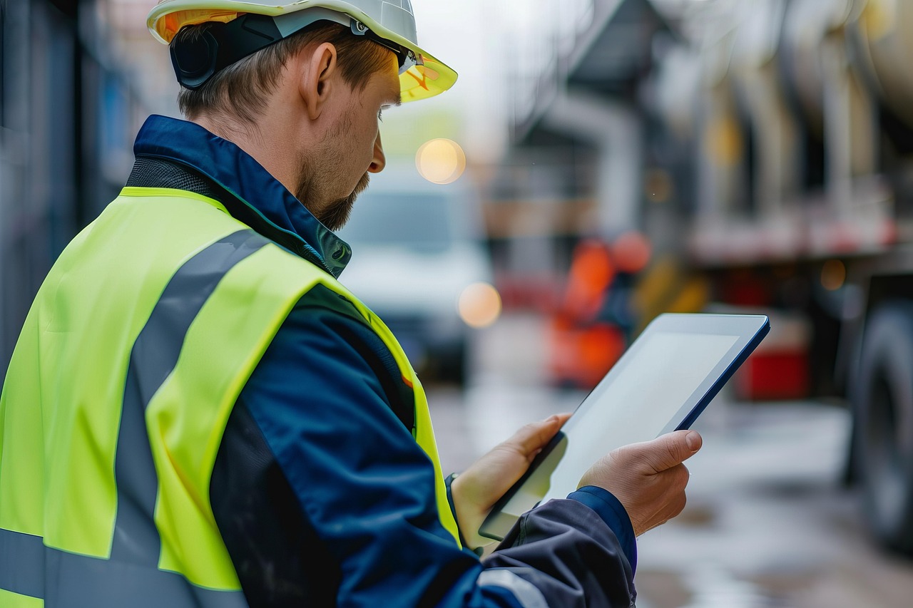 Tecnico della sicurezza con tablet in cantiere edile